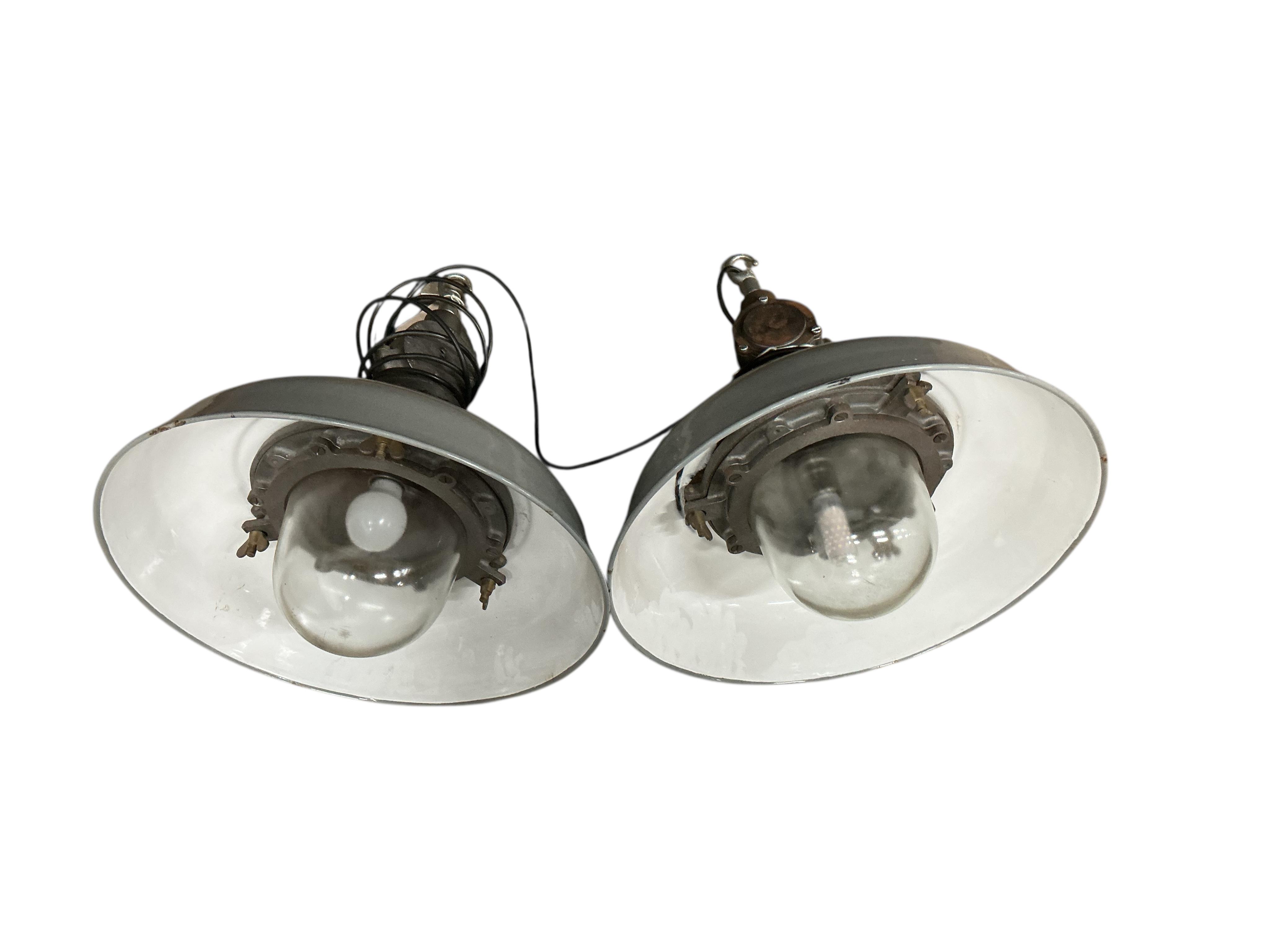A pair of GEC grey enamel pendant ceiling lights, diameter 45cm, height 46cm